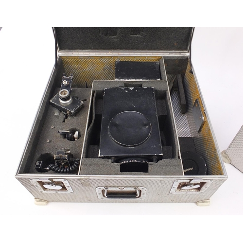 685 - Vintage Angénieux studio camera FX1.66 25X lens attachment and fitted flight cases, the lens attachm... 