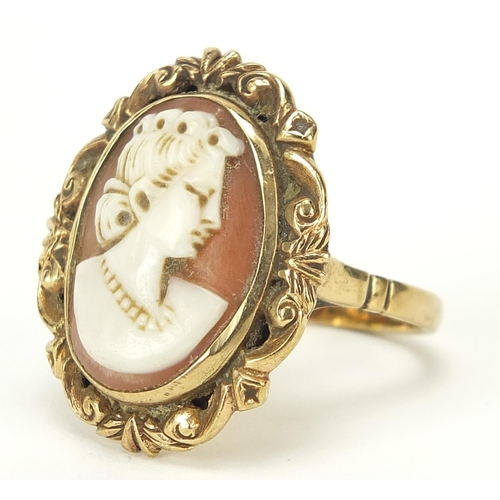 346 - Large 9ct gold cameo maiden head ring, size S, 12.8g