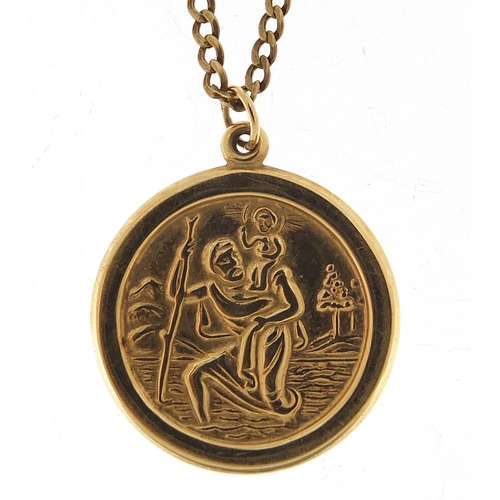 774 - 9ct gold St. Christopher pendant on 9ct gold necklace, 2.4cm high and 42cm in length, total 2.4g