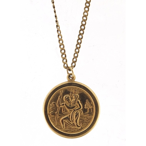 774 - 9ct gold St. Christopher pendant on 9ct gold necklace, 2.4cm high and 42cm in length, total 2.4g