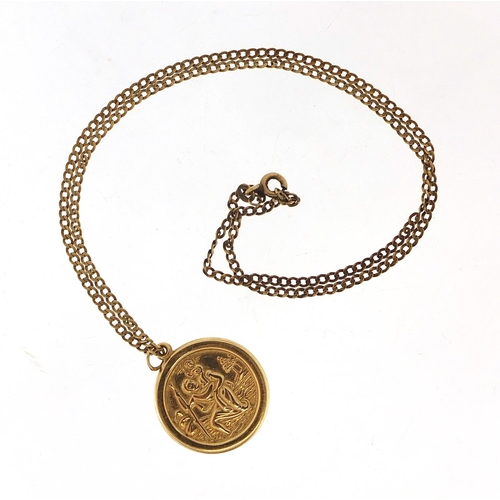 774 - 9ct gold St. Christopher pendant on 9ct gold necklace, 2.4cm high and 42cm in length, total 2.4g