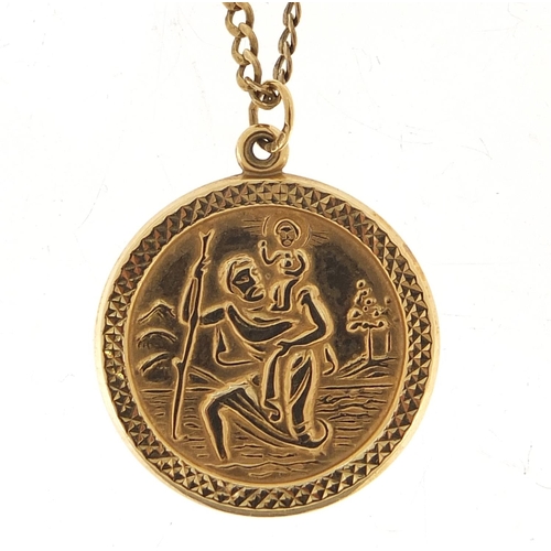 774 - 9ct gold St. Christopher pendant on 9ct gold necklace, 2.4cm high and 42cm in length, total 2.4g