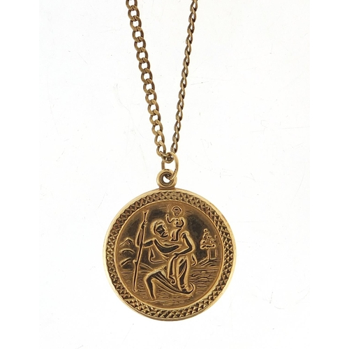 774 - 9ct gold St. Christopher pendant on 9ct gold necklace, 2.4cm high and 42cm in length, total 2.4g