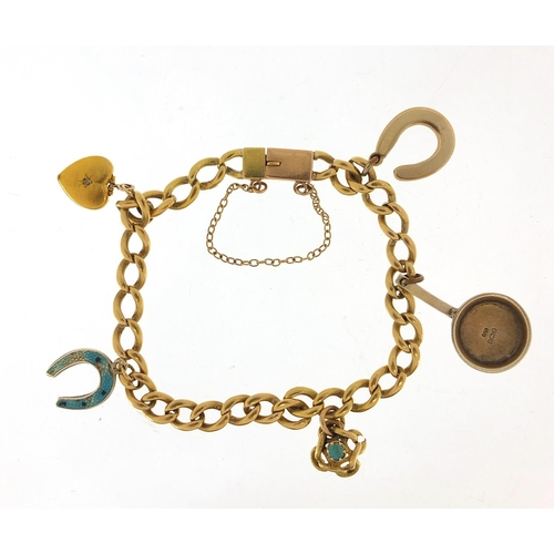60 - Unmarked gold bracelet with gold and silver charms, the bracelet tests as 18ct gold, total 23.0g