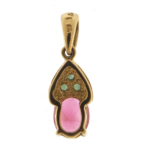 949 - 9ct gold pink and green stone pendant, 2cm high, 1.4g