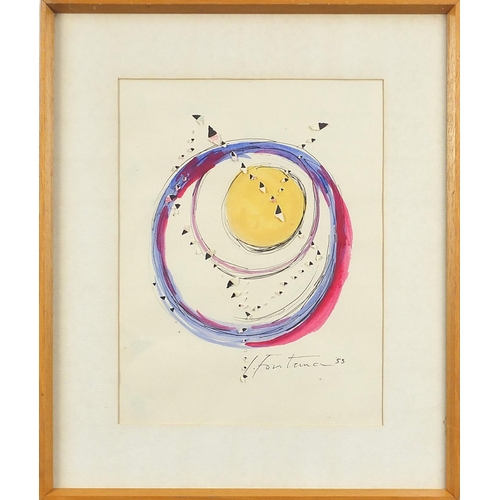 220 - Manner of Lucio Fontana - Abstract composition ink and watercolour, details verso, mounted, framed a... 