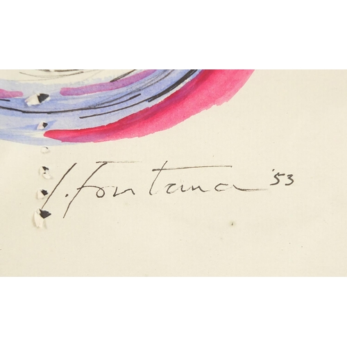 220 - Manner of Lucio Fontana - Abstract composition ink and watercolour, details verso, mounted, framed a... 