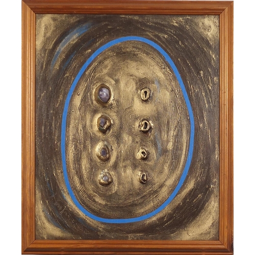 218 - Manner of Lucio Fontana - Abstract composition acrylic and stones on wooden panel, details verso, fr... 