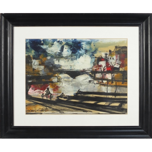 449 - Jordi Bonas - Parisian view of Seine, oil on paper, mounted, framed and glazed, 39cm x 29cm excludin... 