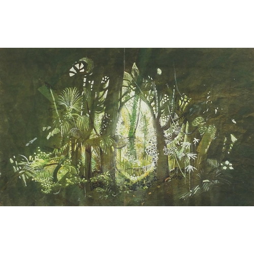 645 - Peter Rice - Back cloth for Jungle scene, watercolour illustration, details verso, mounted, framed a... 