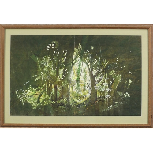 645 - Peter Rice - Back cloth for Jungle scene, watercolour illustration, details verso, mounted, framed a... 