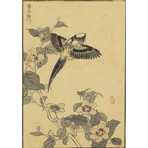 704 - Kono Bairei - Bird amongst flowers, 19th century Japanese woodblock print, details verso, mounted, f... 