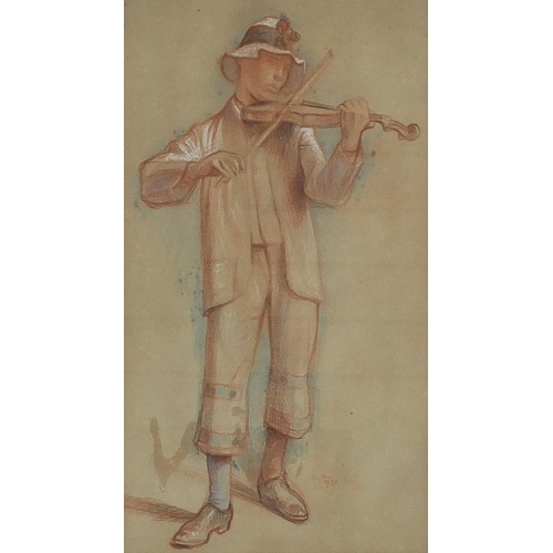 450 - Young boy with violin, coloured chalk, indistinctly signed, mounted, framed and glazed, 41cm x 22.5c... 