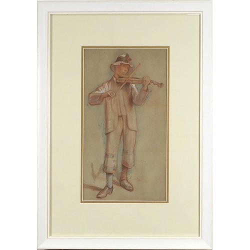 450 - Young boy with violin, coloured chalk, indistinctly signed, mounted, framed and glazed, 41cm x 22.5c... 