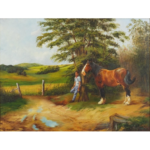 256 - Eileen Blundell - Man with a horse before a landscape, oil on canvas, mounted and framed, 59cm x 44.... 