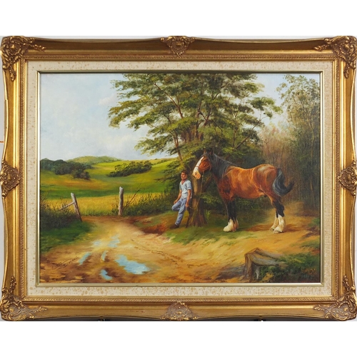 256 - Eileen Blundell - Man with a horse before a landscape, oil on canvas, mounted and framed, 59cm x 44.... 