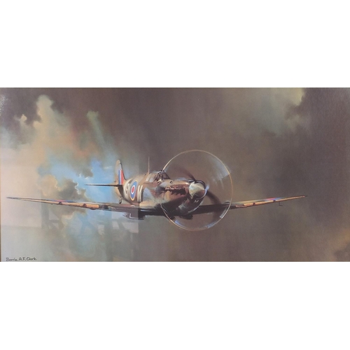 978 - After Barrie A F Clark - Spitfire, military interest print in colour, framed and glazed, 90cm x 44.5... 