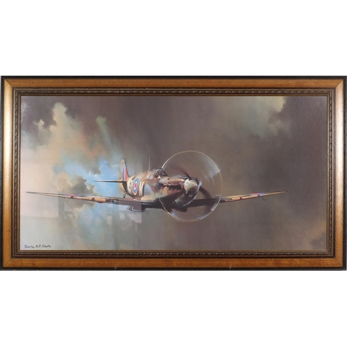 978 - After Barrie A F Clark - Spitfire, military interest print in colour, framed and glazed, 90cm x 44.5... 