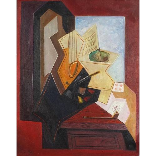 167 - Surreal composition with a guitar, Cubist school oil on board, framed, 49.5cm x 39.5cm excluding the... 