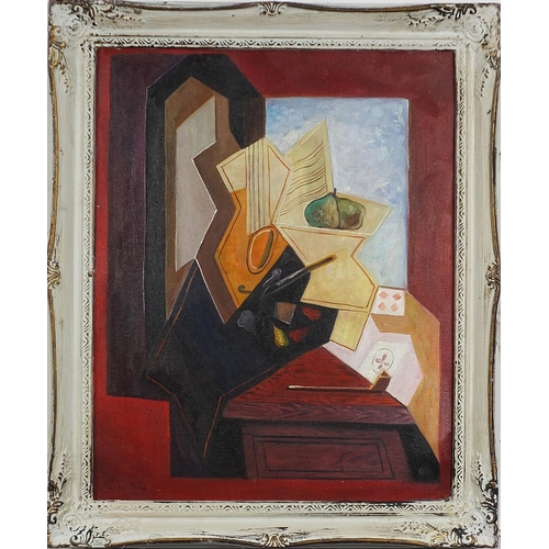 167 - Surreal composition with a guitar, Cubist school oil on board, framed, 49.5cm x 39.5cm excluding the... 