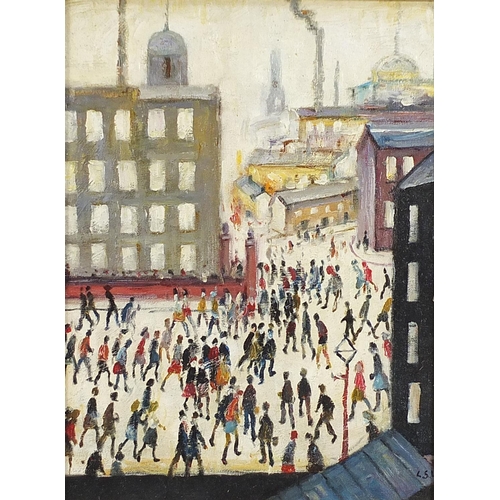 447 - After Laurence Stephen Lowry - Industrial street scene with figures, oil on board, mounted and frame... 