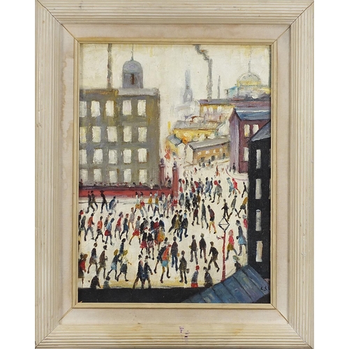 447 - After Laurence Stephen Lowry - Industrial street scene with figures, oil on board, mounted and frame... 