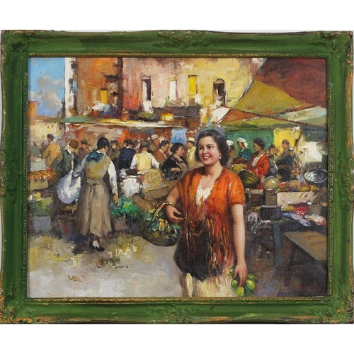 378 - Busy market scene, Italian school oil on board, framed, 49.5cm x 39.5cm excluding the frame