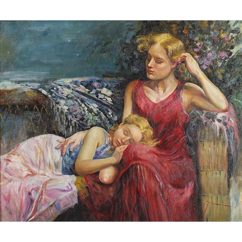 675 - Mother with sleeping child, oil on board bearing a signature Pino, framed, 59.5cm x 49.5cm excluding... 