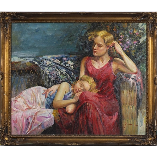 675 - Mother with sleeping child, oil on board bearing a signature Pino, framed, 59.5cm x 49.5cm excluding... 