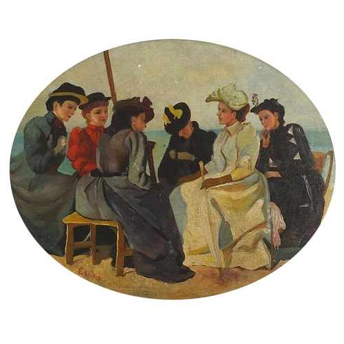 260 - Females on a beach, French school oval oil on board, framed, 51cm x 41cm excluding the frame