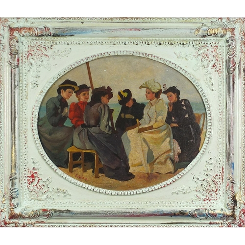 260 - Females on a beach, French school oval oil on board, framed, 51cm x 41cm excluding the frame