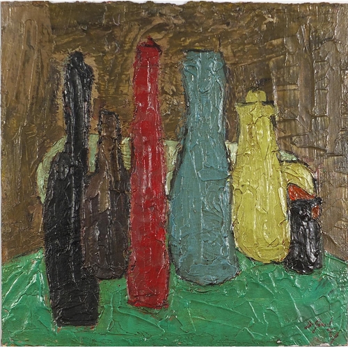 673 - Still life vessels, Russian school impasto oil on board, unframed, 61cm x 60.5cm