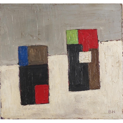 670 - Abstract composition, geometric shapes, oil on board bearing a monogram BN, unframed, 63cm x 61cm