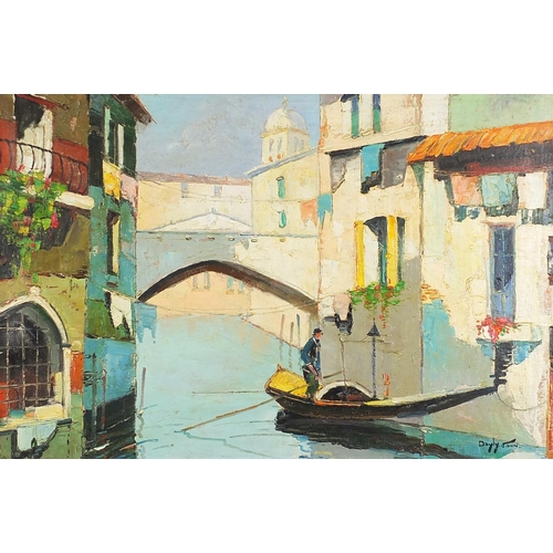 668 - After D'Oyly John - Italian canal with gondola, oil on canvas, mounted and framed, 75.5cm x 50cm exc... 