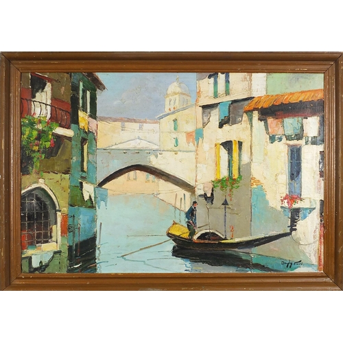 668 - After D'Oyly John - Italian canal with gondola, oil on canvas, mounted and framed, 75.5cm x 50cm exc... 