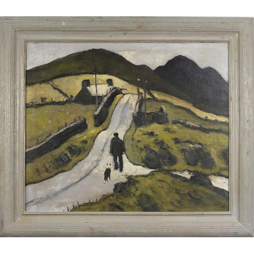 219 - After Kyffin Williams - Mountainous landscape with figure and a sheepdog, Welsh school oil on board,... 