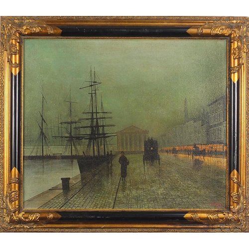 336 - Street scene beside a port, Victorian style oil on board, framed, 60cm x 50cm excluding the frame