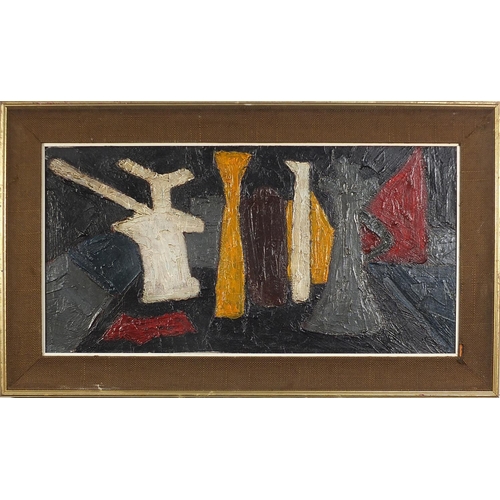 296 - Still life vessels, French school impasto oil on board, mounted and framed, 76cm x 37.5cm excluding ... 