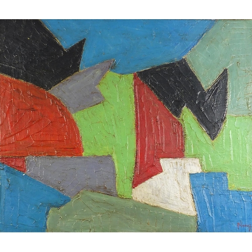 734 - Abstract composition, geometric shapes, Russian school oil on board, mounted and framed, 83cm x 69cm... 