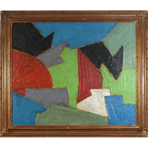 734 - Abstract composition, geometric shapes, Russian school oil on board, mounted and framed, 83cm x 69cm... 