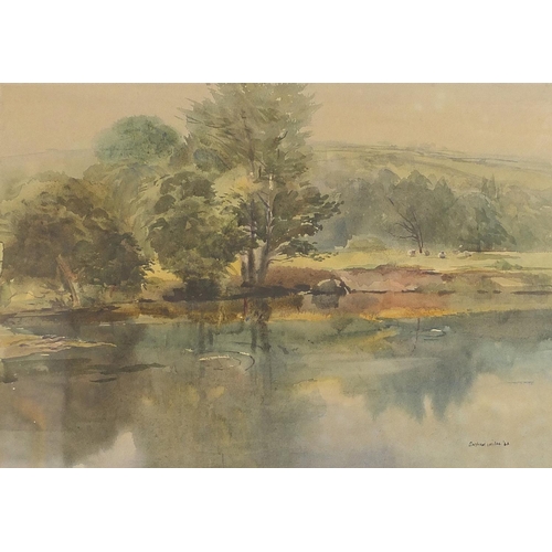 489 - Arthur Miles - Landscape with river, watercolour, mounted, framed and glazed, 49.5cm x 35cm excludin... 