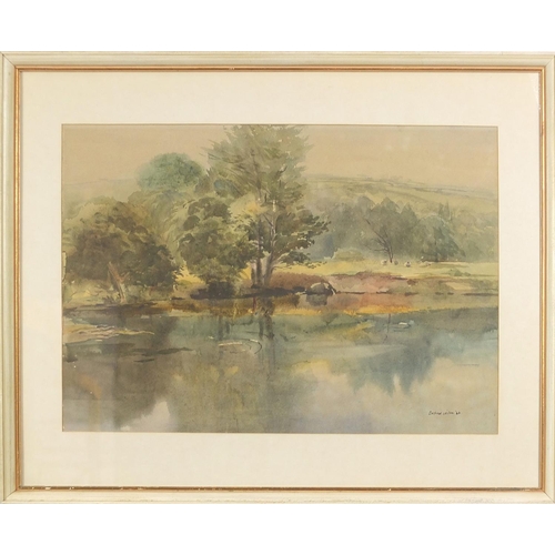 489 - Arthur Miles - Landscape with river, watercolour, mounted, framed and glazed, 49.5cm x 35cm excludin... 