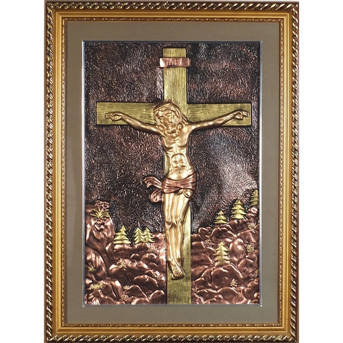 413 - Rectangular relief plaque of corpus Christi, mounted, framed and glazed, 60cm x 40.5cm excluding the... 