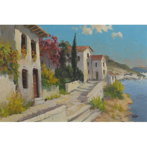 1101 - Continental harbour scene with villas, Italian school oil on canvas, framed, 75.5cm x 50cm excluding... 