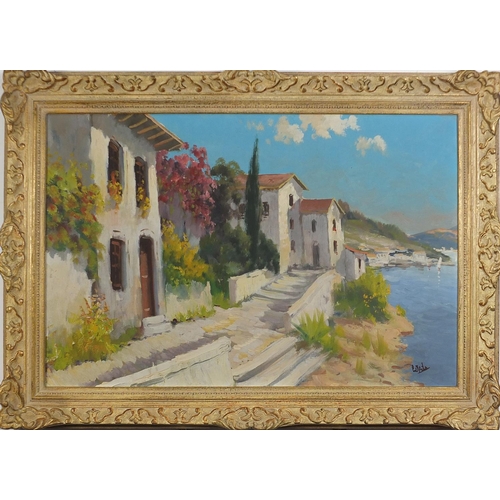 1101 - Continental harbour scene with villas, Italian school oil on canvas, framed, 75.5cm x 50cm excluding... 