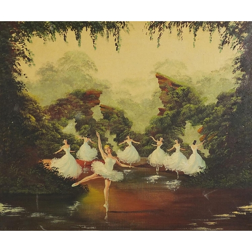 735 - Arthur Fidier - Seven ballerinas, oil on canvas, framed, 59cm x 50cm excluding the frame