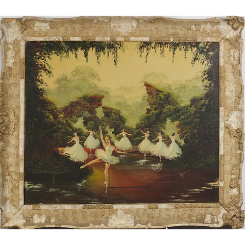 735 - Arthur Fidier - Seven ballerinas, oil on canvas, framed, 59cm x 50cm excluding the frame