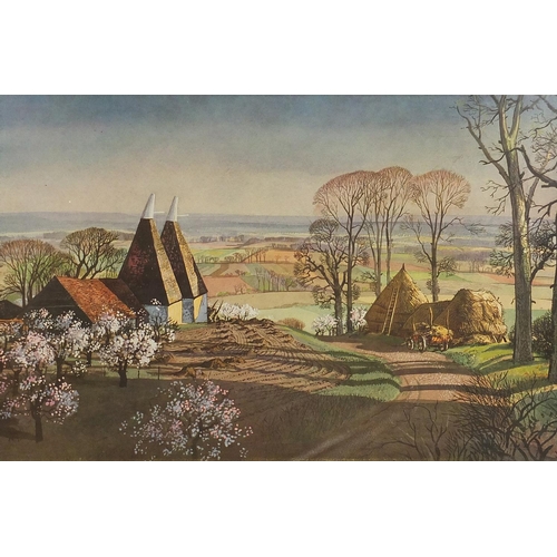 538 - Rowland Hilder - Garden of England and one other, two vintage prints in colour, mounted and framed, ... 