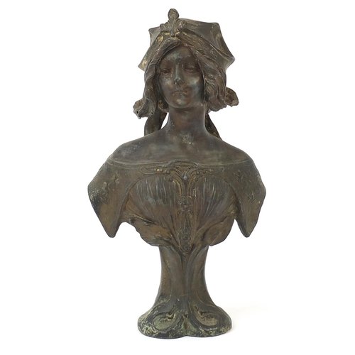 521 - Henry Jacobs, Art Nouveau patinated bronzed bust of a maiden with Napoleon Alliot foundry plaque, 33... 