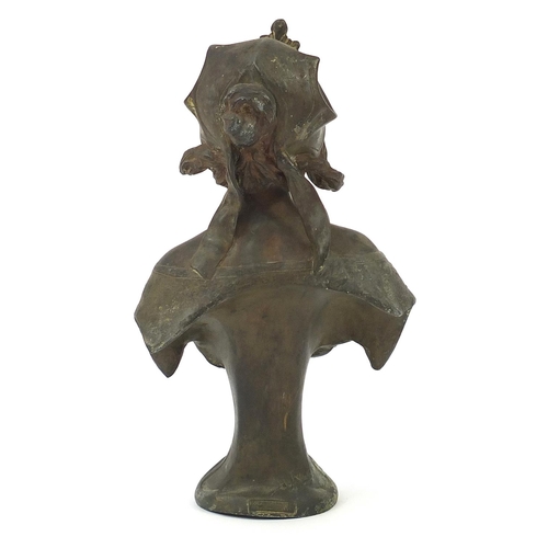 521 - Henry Jacobs, Art Nouveau patinated bronzed bust of a maiden with Napoleon Alliot foundry plaque, 33... 